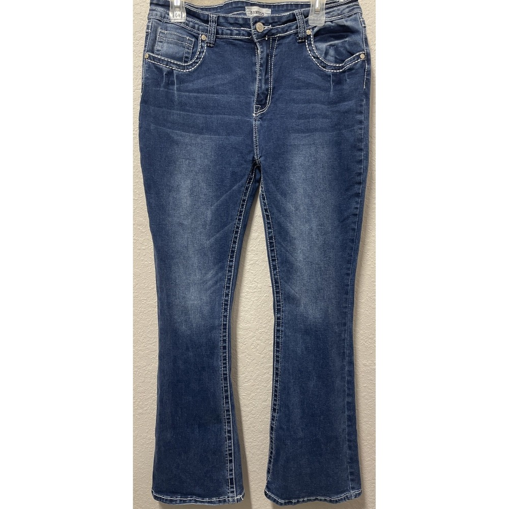 Bamboo Women's Jeans Bootcut Flare Stretch Denim Dark Wash Distressed Sz. 17